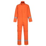 A orange coverall featuring stretch panels for ease of movement, flame-resistant fabric, suitable for a wide range of outdoor and site work applications.