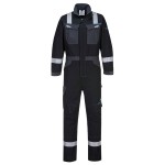 A black coverall featuring flame-resistant fabric, suitable for a wide range of outdoor and site work applications.