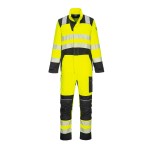 A high-visibility yellow coverall featuring retroreflective tape panels, flame-resistant fabric, suitable for a wide range of outdoor and site work applications.