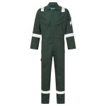 A green coverall featuring flame-resistant fabric, suitable for a wide range of outdoor and site work applications.