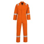A orange coverall featuring flame-resistant fabric, suitable for a wide range of outdoor and site work applications.