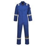 A blue coverall featuring flame-resistant fabric, suitable for a wide range of outdoor and site work applications.