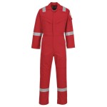 A red coverall featuring flame-resistant fabric, suitable for a wide range of outdoor and site work applications.