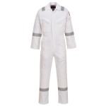 A white coverall featuring flame-resistant fabric, suitable for a wide range of outdoor and site work applications.