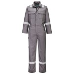 A grey coverall featuring flame-resistant fabric, suitable for a wide range of outdoor and site work applications.
