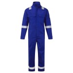 A blue coverall featuring flame-resistant fabric, suitable for a wide range of outdoor and site work applications.