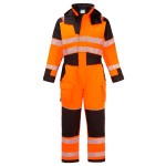 A high-visibility orange coverall featuring retroreflective tape panels, flame-resistant fabric, suitable for a wide range of outdoor and site work applications.