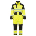 A high-visibility yellow coverall featuring retroreflective tape panels, flame-resistant fabric, suitable for a wide range of outdoor and site work applications.