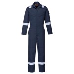 A women's navy blue coverall featuring flame-resistant fabric, suitable for a wide range of outdoor and site work applications.