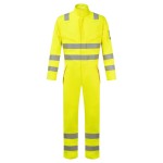 A high-visibility yellow coverall featuring retroreflective tape panels, flame-resistant fabric, suitable for a wide range of outdoor and site work applications.