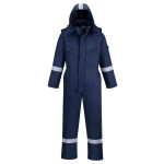 A navy blue coverall featuring a warm thermal lining, flame-resistant fabric, suitable for a wide range of outdoor and site work applications.
