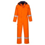 A orange coverall featuring a warm thermal lining, flame-resistant fabric, suitable for a wide range of outdoor and site work applications.