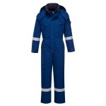 A blue coverall featuring a warm thermal lining, flame-resistant fabric, suitable for a wide range of outdoor and site work applications.