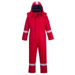 A red coverall featuring a warm thermal lining, flame-resistant fabric, suitable for a wide range of outdoor and site work applications.