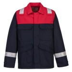 A navy blue jacket featuring flame-resistant fabric, suitable for a wide range of outdoor and site work applications.