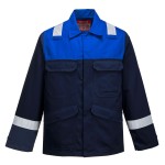 A navy blue jacket featuring flame-resistant fabric, suitable for a wide range of outdoor and site work applications.