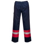 A pair of navy blue work trousers featuring flame-resistant fabric, suitable for a wide range of outdoor and site work applications.