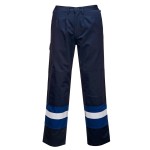 A pair of navy blue work trousers featuring flame-resistant fabric, suitable for a wide range of outdoor and site work applications.