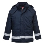 A navy blue padded jacket featuring a warm thermal lining, flame-resistant fabric, suitable for a wide range of outdoor and site work applications.