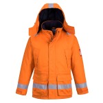 A orange padded jacket featuring a warm thermal lining, flame-resistant fabric, suitable for a wide range of outdoor and site work applications.