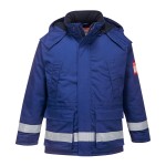 A blue padded jacket featuring a warm thermal lining, flame-resistant fabric, suitable for a wide range of outdoor and site work applications.
