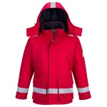 A red padded jacket featuring a warm thermal lining, flame-resistant fabric, suitable for a wide range of outdoor and site work applications.
