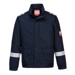 A navy blue jacket featuring stretch panels for ease of movement, flame-resistant fabric, suitable for a wide range of outdoor and site work applications.