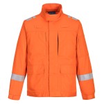 A orange jacket featuring stretch panels for ease of movement, flame-resistant fabric, suitable for a wide range of outdoor and site work applications.