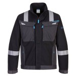 A black jacket featuring flame-resistant fabric, suitable for a wide range of outdoor and site work applications.