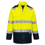 A high-visibility yellow waterproof jacket featuring retroreflective tape panels, flame-resistant fabric, suitable for a wide range of outdoor and site work applications.