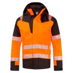A high-visibility orange waterproof jacket featuring retroreflective tape panels, flame-resistant fabric, suitable for a wide range of outdoor and site work applications.