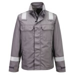 A grey jacket featuring flame-resistant fabric, suitable for a wide range of outdoor and site work applications.