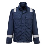 A navy blue jacket featuring flame-resistant fabric, suitable for a wide range of outdoor and site work applications.