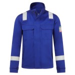 A blue jacket featuring flame-resistant fabric, suitable for a wide range of outdoor and site work applications.