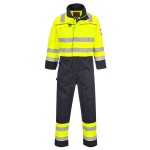 A high-visibility yellow coverall featuring retroreflective tape panels, flame-resistant fabric, suitable for a wide range of outdoor and site work applications.
