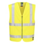 A high-visibility yellow vest featuring retroreflective tape panels, a full-length zip front, flame-resistant fabric, suitable for a wide range of outdoor and site work applications.
