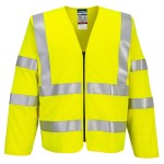 A high-visibility yellow vest featuring retroreflective tape panels, a full-length zip front, flame-resistant fabric, suitable for a wide range of outdoor and site work applications.
