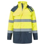 A high-visibility yellow waterproof jacket featuring retroreflective tape panels, flame-resistant fabric, suitable for a wide range of outdoor and site work applications.