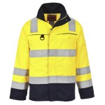 A high-visibility yellow jacket featuring retroreflective tape panels, flame-resistant fabric, suitable for a wide range of outdoor and site work applications.