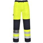 A pair of high-visibility yellow trousers featuring retroreflective tape panels, flame-resistant fabric, suitable for a wide range of outdoor and site work applications.