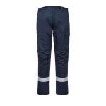 A pair of navy blue work trousers featuring flame-resistant fabric, suitable for a wide range of outdoor and site work applications.