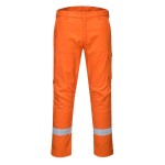 A pair of orange work trousers featuring flame-resistant fabric, suitable for a wide range of outdoor and site work applications.