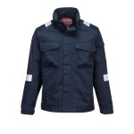 A navy blue jacket featuring flame-resistant fabric, suitable for a wide range of outdoor and site work applications.