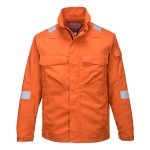 A orange jacket featuring flame-resistant fabric, suitable for a wide range of outdoor and site work applications.