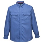 A blue work shirt featuring flame-resistant fabric, suitable for a wide range of outdoor and site work applications.