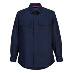 A navy blue work shirt featuring flame-resistant fabric, suitable for a wide range of outdoor and site work applications.