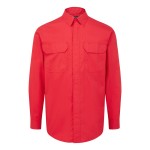 A red work shirt featuring flame-resistant fabric, suitable for a wide range of outdoor and site work applications.