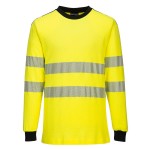 A high-visibility yellow work shirt featuring retroreflective tape panels, flame-resistant fabric, suitable for a wide range of outdoor and site work applications.