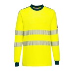 A high-visibility yellow work shirt featuring retroreflective tape panels, flame-resistant fabric, suitable for a wide range of outdoor and site work applications.