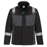 A black softshell jacket featuring flame-resistant fabric, suitable for a wide range of outdoor and site work applications.